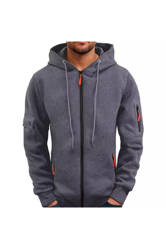 Men's Spring Fall Hooded Sweatshirt Zip Up Arm Pocket Open Front Athletic Big and Tall Casual Jacket Grey,S
