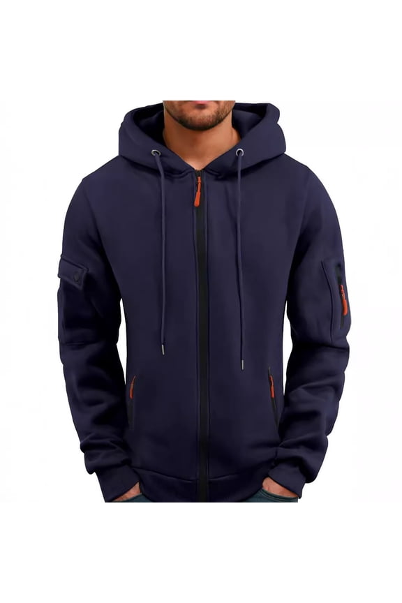 Men's Spring Fall Hooded Sweatshirt Zip Up Arm Pocket Open Front Athletic Big and Tall Casual Jacket Navy,S
