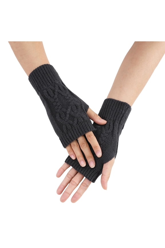 Men's and Women's Short Knit Wrist Warmers with Twist Knot, Fashion Half Finger Sleeves for Autumn Winter Style Dark Gray