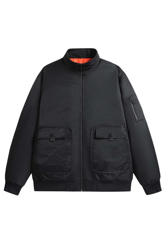 Mens Jacket Autumn Winter Casual Coat Workwear Multi Pocket Flight Jacket Stand Collar Versatile Casual Black,XL