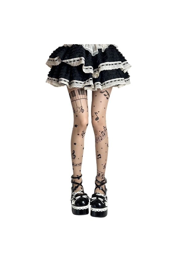 Musical Note Pattern Sheer Tights Elegant Black Opaque Pantyhose With Unique Design For Women Beige,One Size
