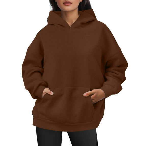 Women's Plus Size Solid Color Pullover Hoodie with Pocket, Winter Warm Long Sleeve Casual Sweatshirt, Loose Fit Hooded Top Coffee,L