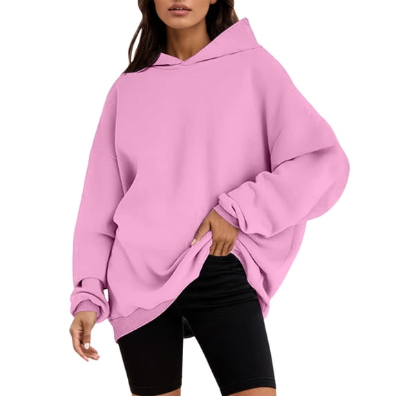 MIASHUI Plus Size Women's Solid Color Pullover Hoodie, Winter Loose Fit Sweatshirt, Casual Long Sleeve Hooded Top Pink,M
