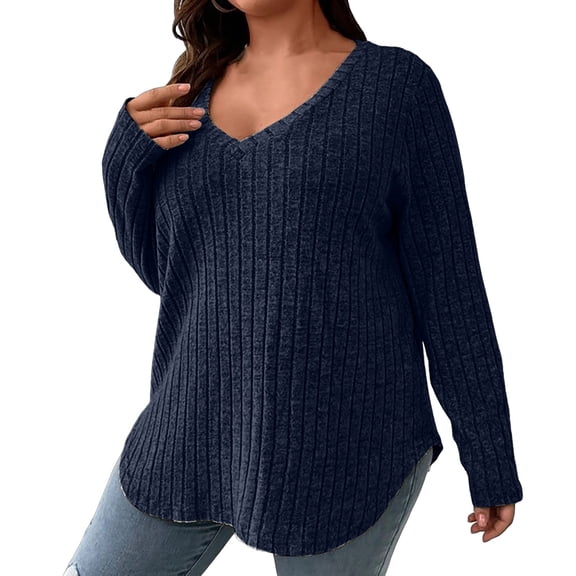 MIASHUI Plus Size Womens Top VNeck Long Sleeve Ribbed Brushed TShirt Loose Pullover Thermal Wear For Women Base Layer Dark Blue,XXXXL