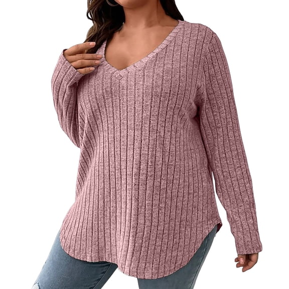 MIASHUI Plus Size Womens Top VNeck Long Sleeve Ribbed Brushed TShirt Loose Pullover Thermal Wear For Women Base Layer Pink,XXXXXL