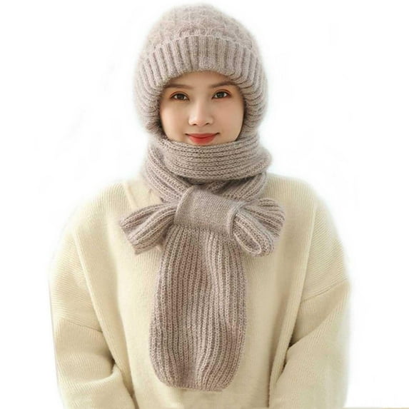 MIASHUI Plush Thick Hat and Scarf Combo for Women, Double-Layer Warm Knit Scarf Set, Winter Scarf for Women, Cold Weather Scarf Grey