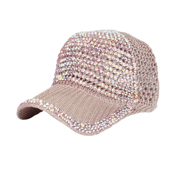 MIASHUI Rhinestone Mesh Baseball Cap Women Summer Sparkle Knit Breathable Adjustable Pink