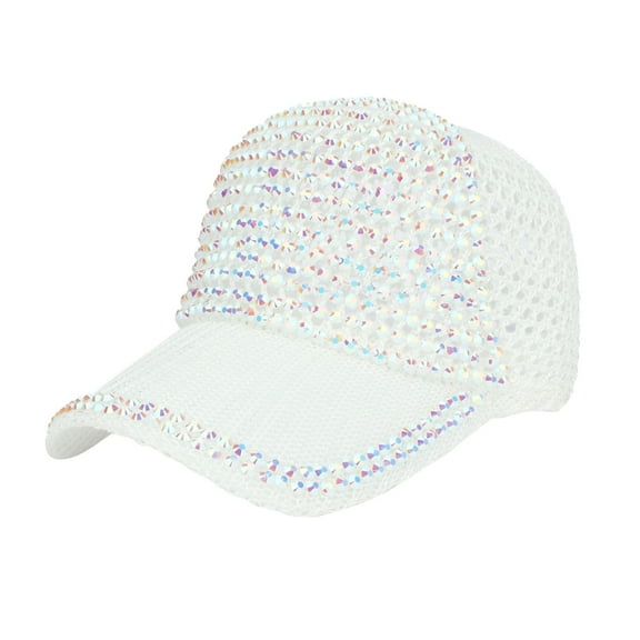 MIASHUI Rhinestone Mesh Baseball Cap Women Summer Sparkle Knit Breathable Adjustable White