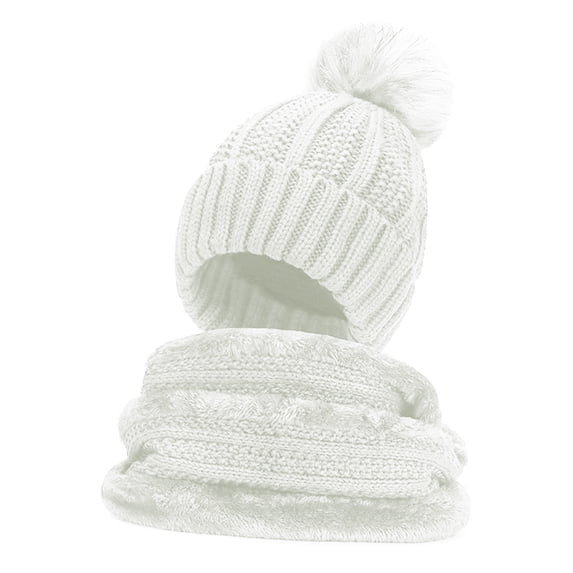 MIASHUI Scarf and Hat Two-Piece Set for Women, Travel Warm Plush Windproof Knit Scarf, Winter Cold Protection Scarf White