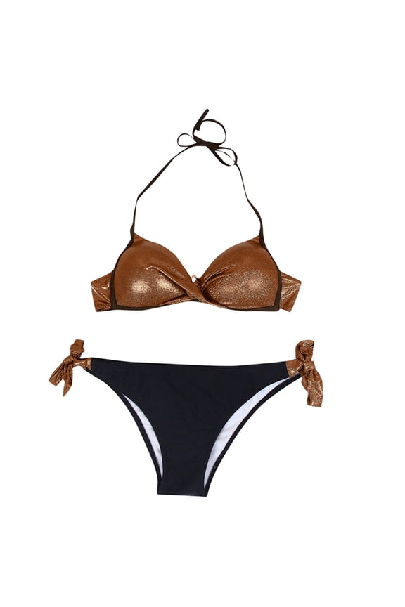 Sequin Women's Triangle Bikini Swimsuit Push Up Patchwork Set For Beachwear Brown,XL