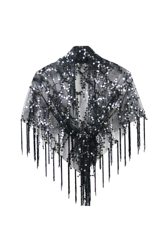 Sequins Fringe Mesh Small Shawl Casual Blouse Versatile Small Outerwear Vest Scarf for Women, Fashion Scarf Black