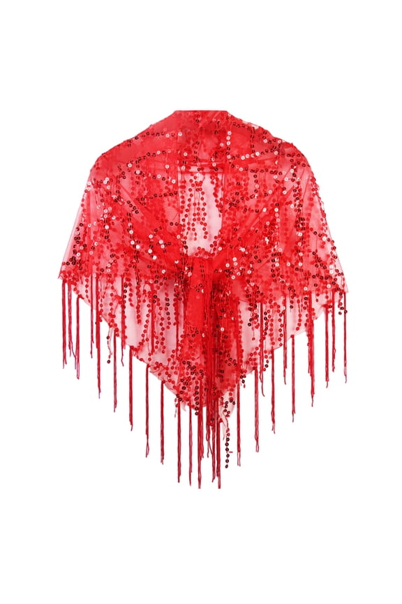 Sequins Fringe Mesh Small Shawl Casual Blouse Versatile Small Outerwear Vest Scarf for Women, Fashion Scarf Red