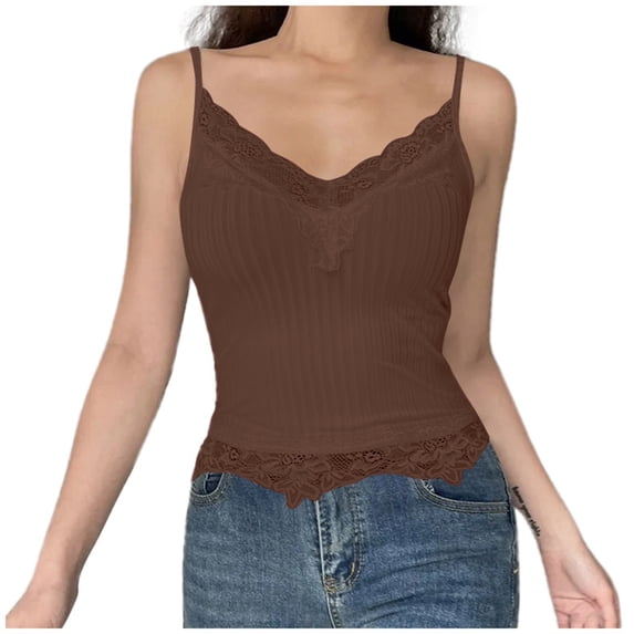 MIASHUI Slim Fit Ribbed V Neck Lace Trim Crop Camisole Sleeveless Tank Top For Women Brown,M
