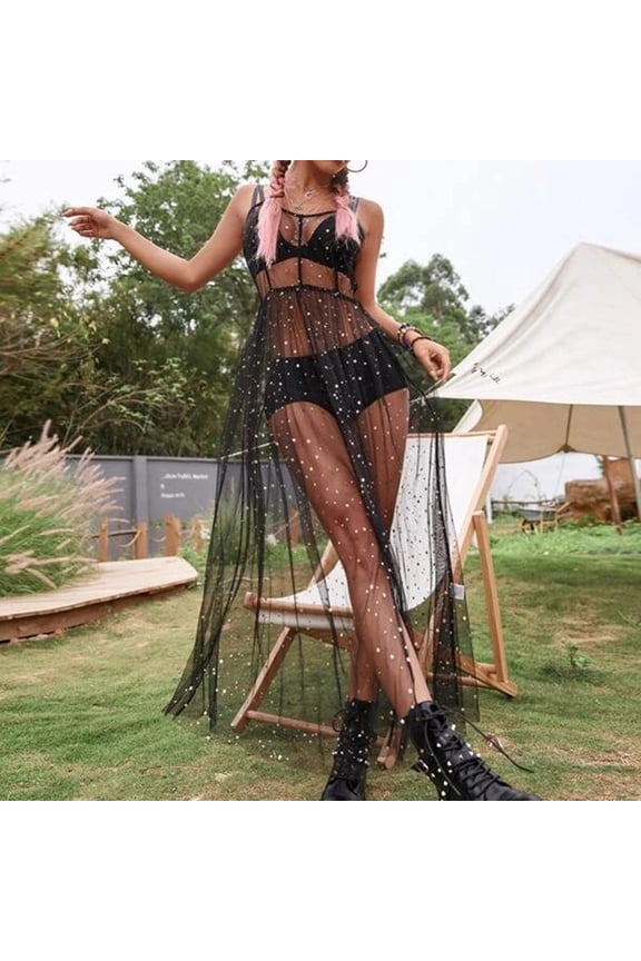 Star Mesh Bikini Cover Up Dress Sheer Slim Fit Beachwear With Celestial Pattern For Pool Party Black,S