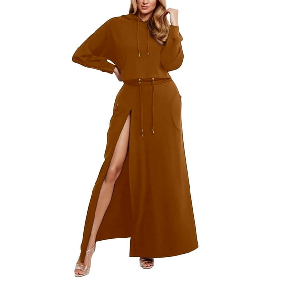 MIASHUI Stylish Long Skirt Suit With Pockets Drawstring And Slit Design For Women Everyday Brown Skirt Casual Wear Brown,XL