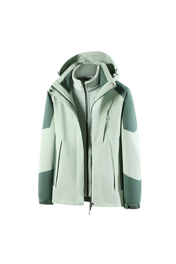 Unisex Couple Cold Proof, Warm 3-in-1 Two-Piece Set, Detachable Liner Ski Jacket for Hiking Green,XL