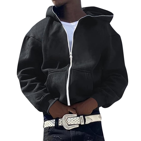 MIASHUI Unisex Full Zip Up Solid Color Hooded Sweatshirtå¨Ñ
ç·¨Trendy Casual Hop Style Open Front Jacket Black,M