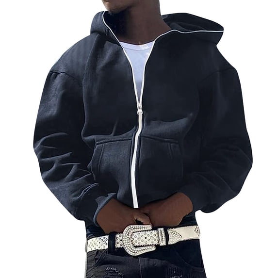 MIASHUI Unisex Full Zip Up Solid Color Hooded Sweatshirtå¨Ñ
ç·¨Trendy Casual Hop Style Open Front Jacket Navy,XXXL