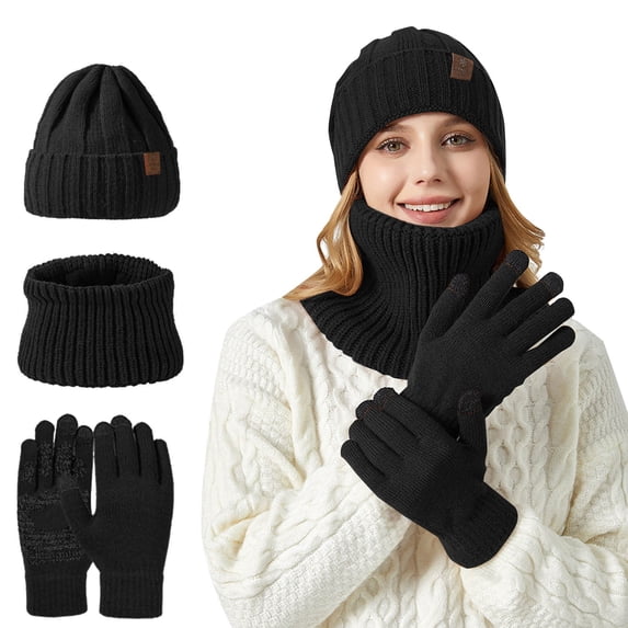 MIASHUI Unisex Thick Warm Knit Hat, Scarf, and Gloves Three-Piece Set, Winter Scarf for Men and Women, Cold Weather Scarf Set Black,One Size