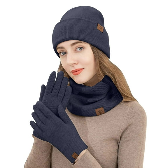 MIASHUI Winter Adult Women's Hat, Neck Scarf, and Gloves Three-Piece Set Knit Brushed Touchscreen Gloves Outdoor Warm Set Navy