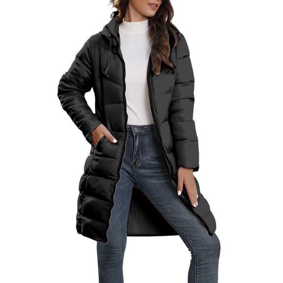 MIASHUI Winter Hooded Women's Mid-Length Cotton Coat, Slim Fit Warm Down Parka, Casual Puffer Jacket Black,XL