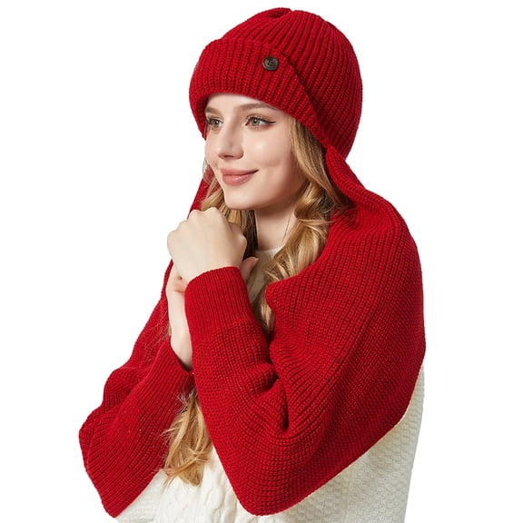MIASHUI Winter New Button Turned Edge Solid Color Hat and Scarf Connected Knit Scarf, Unisex Outdoor Warm Yarn Scarf Red