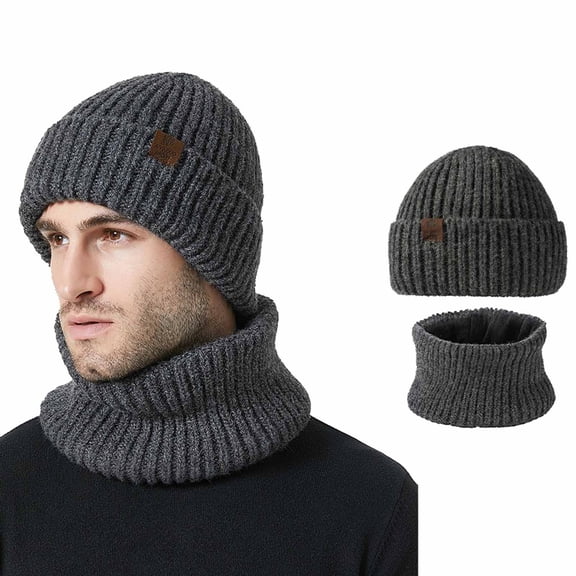 MIASHUI Winter New Unisex Knit Hat and Neck Scarf Two-Piece Set Large Head Braid Ear Warm Scarf, Scarf for All Grey