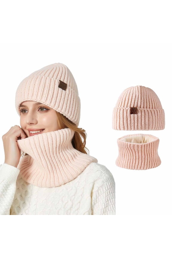 Winter New Unisex Knit Hat and Neck Scarf Two-Piece Set Large Head Braid Ear Warm Scarf, Scarf for All Pink,One Size