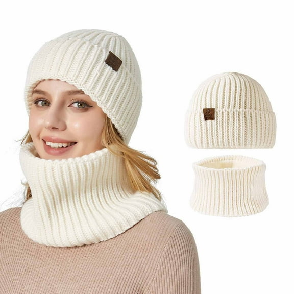 MIASHUI Winter New Unisex Knit Hat and Neck Scarf Two-Piece Set Large Head Braid Ear Warm Scarf, Scarf for All White
