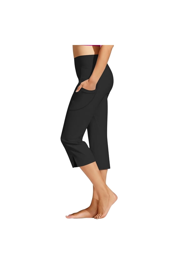 Women 7/8 Pants High Waist Workout Yoga Pants With Pocket Anti Roll Down Tight Pants Crop Straight Leg Black,M