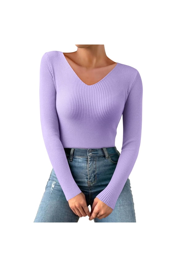 Women Autumn Winter VNeck Casual Knit Long Sleeve Pullover Thermal Underwear Warm Top Base Layer For Women Purple,One Size