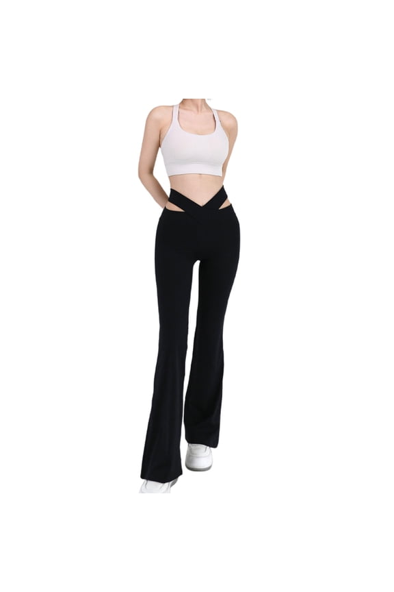 Women Cutout Cross Micro Flare Yoga Pants High Waist Slim Fit Casual Wide Leg Fitness Pants Black,S
