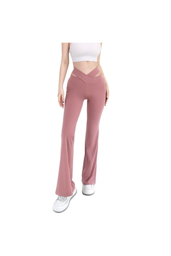 Women Cutout Cross Micro Flare Yoga Pants High Waist Slim Fit Casual Wide Leg Fitness Pants Pink,S