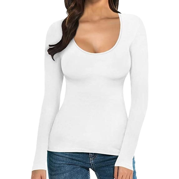 HNMKIU Women Fashion Tight Solid Round Neck Long Sleeve TShirt Thermal Wear For Women Top Base Layer For Cold Weather White,L