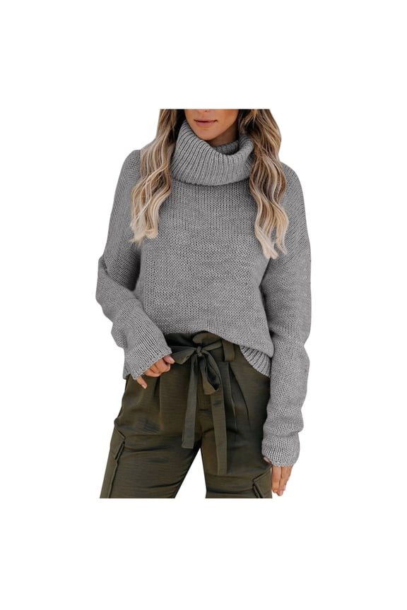 Women Long Sleeve Solid Sweater Casual Turtleneck Pullover Knit Jumper Tops Womens Sweaters For Fall And Winter Grey,S