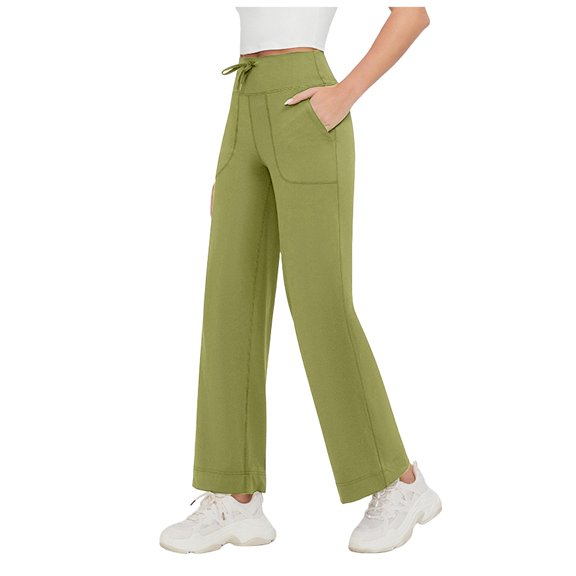 MIASHUI Women Lycra Drawstring Wide Leg Pants Elastic High Waist Draped Motion Casual Micro Flare Drag Yoga Pants Green,S