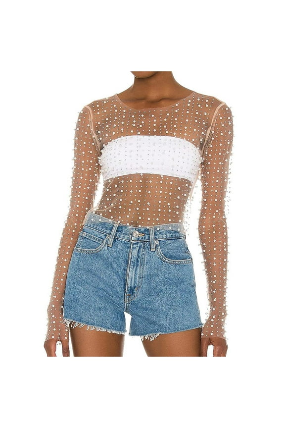 Women Pearl Rhinestone Sheer Mesh Crop Top See Through Long Sleeve Clubwear Beige,S