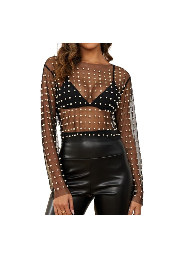 Women Pearl Rhinestone Sheer Mesh Crop Top See Through Long Sleeve Clubwear Clear,L