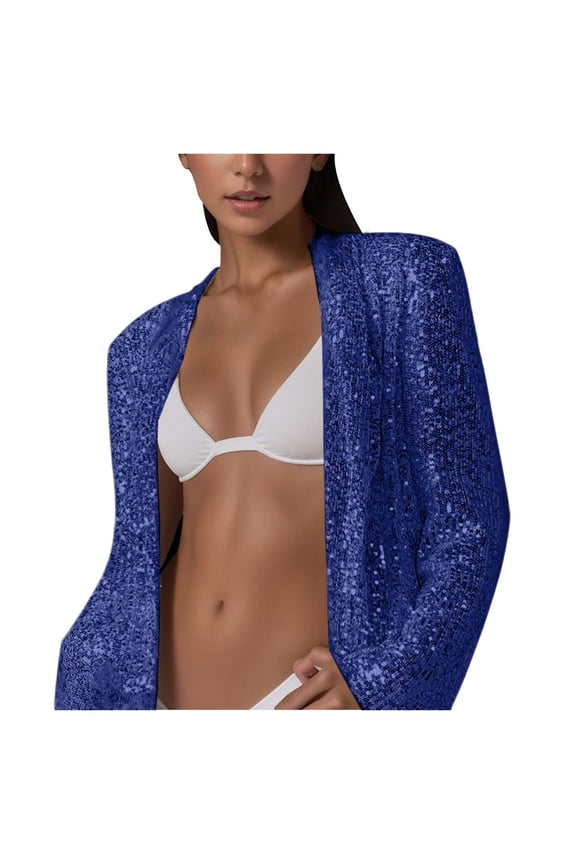 Women Pure Color Sequined Long Sleeve Elegant Mid Long Blazer Notched Lapel Coat For Women Navy,S