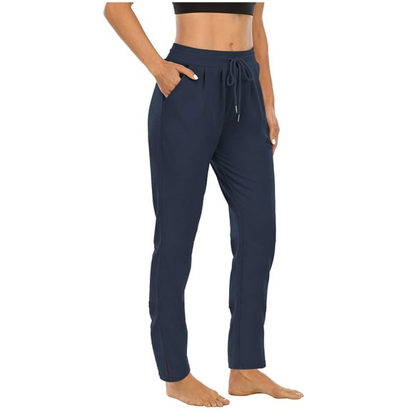 MIASHUI Women Solid Color Pocket Tie High Waist Workout Fitness Yoga Wide Leg Long Pants Navy,S