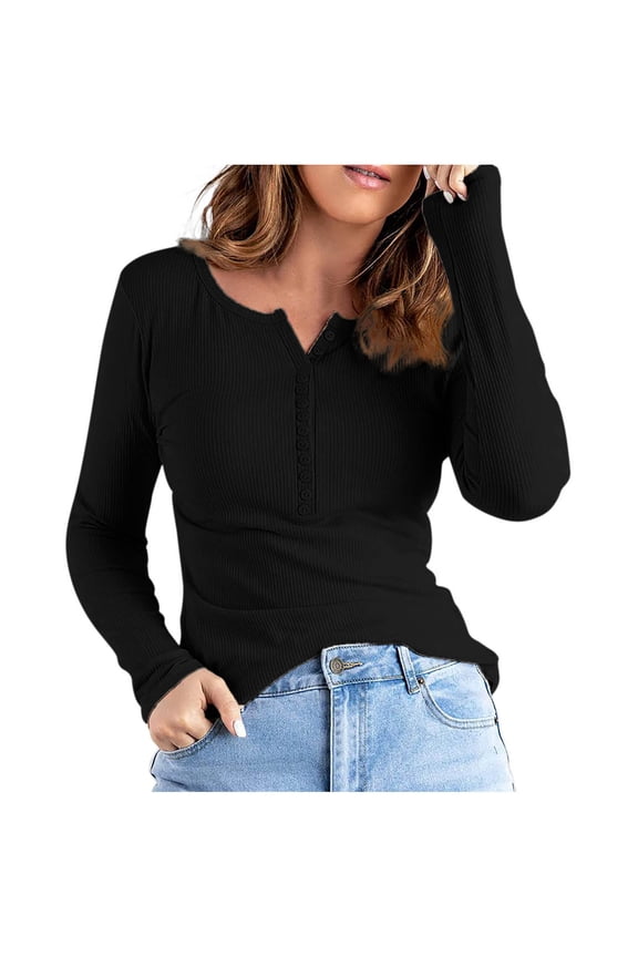 Women Solid Long Sleeve ButtonDown Thermal Underwear Top VNeck Knit TShirt Base Layer For Women Black,M