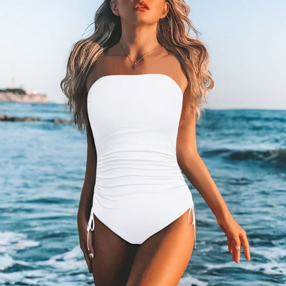 MIASHUI Women Strapless Bandeau Swimsuit Bathing Suit With For Monokini White,XL