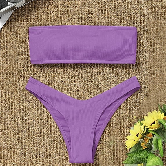 MIASHUI Women's Bandeau High Waisted Two Piece Swimsuit Bikini Set For Beach Purple,L
