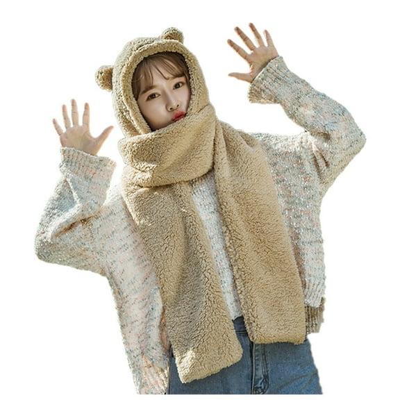 MIASHUI Women's Bear Ear Hat and Scarf Set Lined Winter Cap with Built-in Scarf Cute and Warm Khaki