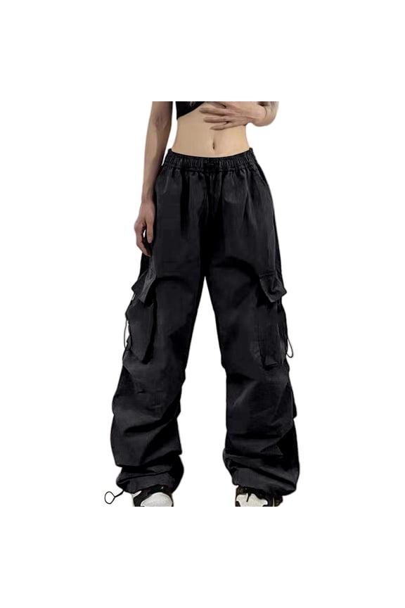MIASHUI Women's Cargo Joggers Multiple Pockets Drawstring Waist Parachute Pant Japanese Retro Streetwear Style Black,M