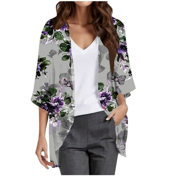 MIASHUI Women's Casual Floral Print Lightweight Beach Vacation Chiffon Cardigan Sun Protection Cover Up Purple,S