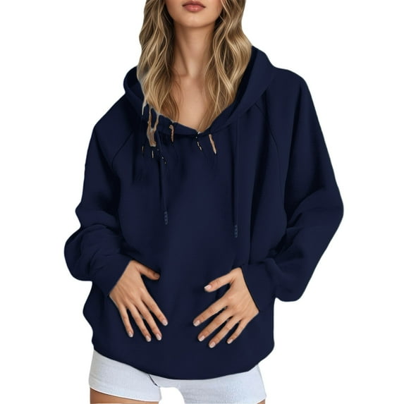 MIASHUI Women's Raglan Sleeve Pullover Hoodie, Spring Fall Long Sleeve Casual Sweatshirt, Loose Fit Solid Color Hooded Top Navy,XXL