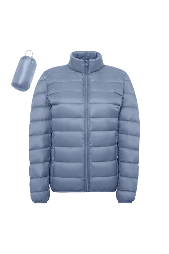 Women's Casual Solid Color Lightweight Waterproof Down Jacket, White Feather Hoodless Parka Coat Blue,XXXL