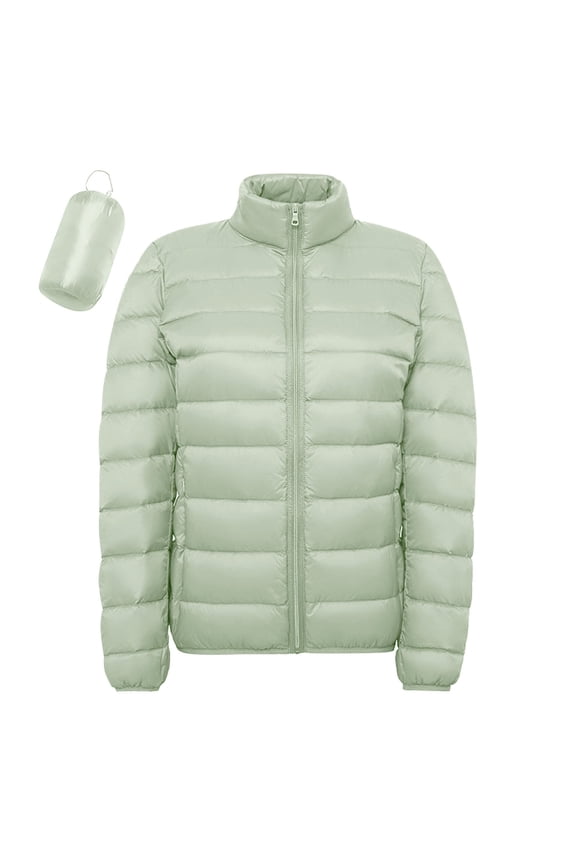 Women's Casual Solid Color Lightweight Waterproof Down Jacket, White Feather Hoodless Parka Coat Light Green,XXXL