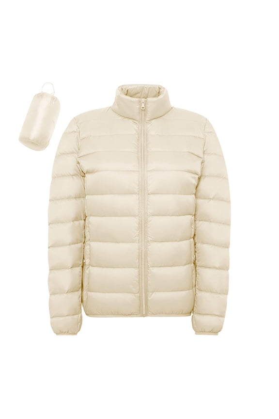 Women's Casual Solid Color Lightweight Waterproof Down Jacket, White Feather Hoodless Parka Coat White,XXL